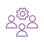 purple icon of machine cog with three circles for people