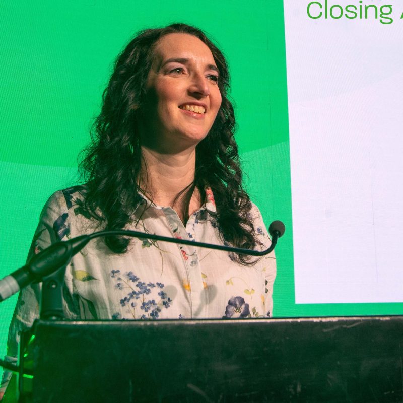 Judith Rance on stage at RenewableNI Smart Energy delivering closing address