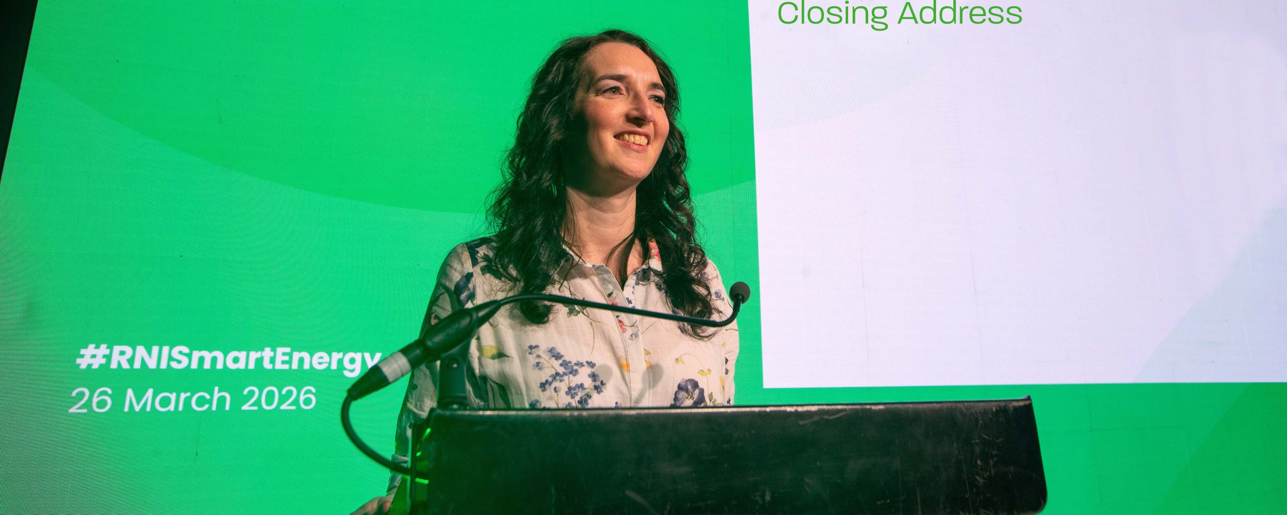Judith Rance on stage at RenewableNI Smart Energy delivering closing address