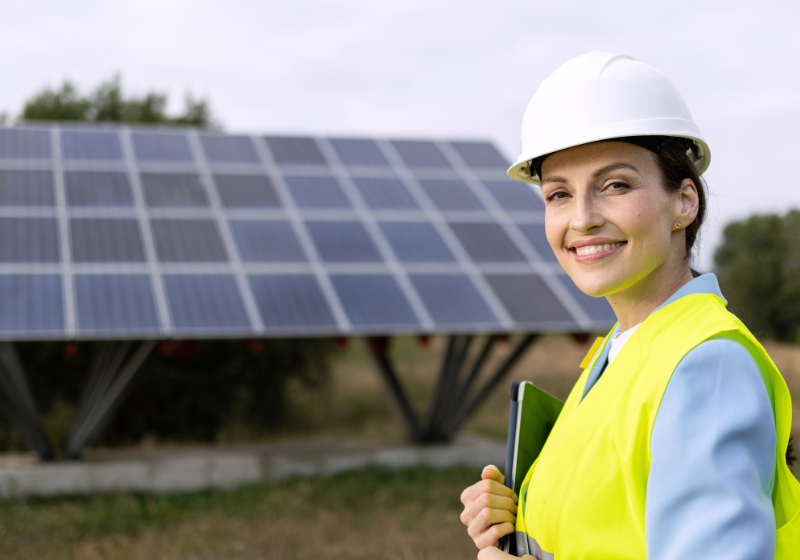woman in hard hat in front of solar panel